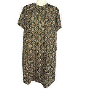 Vintage Sears Sheath Dress 70s Retro Office Geometric Mod Size XXL Gold Green